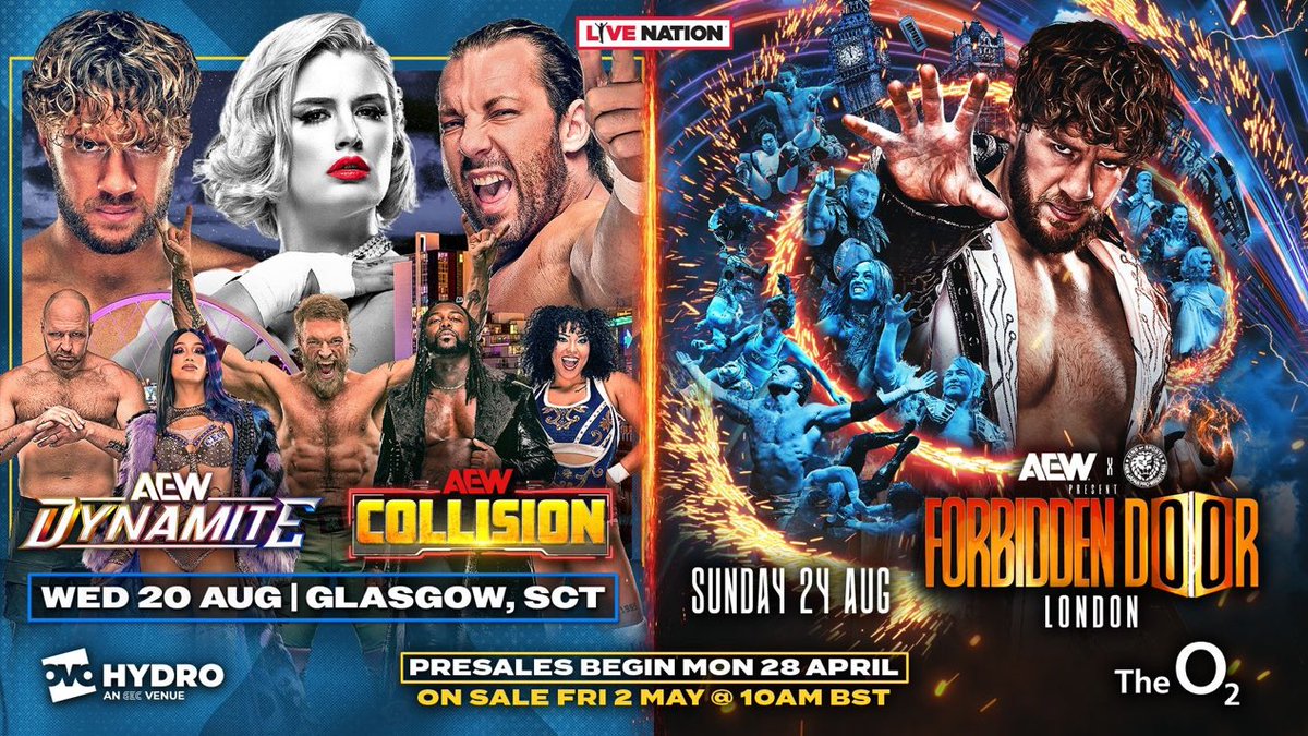 AEW x NJPW Forbidden Door will be held on Sunday, 24 August at the <a href="/TheO2/">The O2</a> in London, UK

 Also debuts in Scotland with #AEWDynamite &amp; #AEWCollision at <a href="/OVOHydro/">OVO Hydro</a> in Glasgow on Wednesday, 20 August!

Tickets for both events are on sale Friday, 2 May!

register for early access at