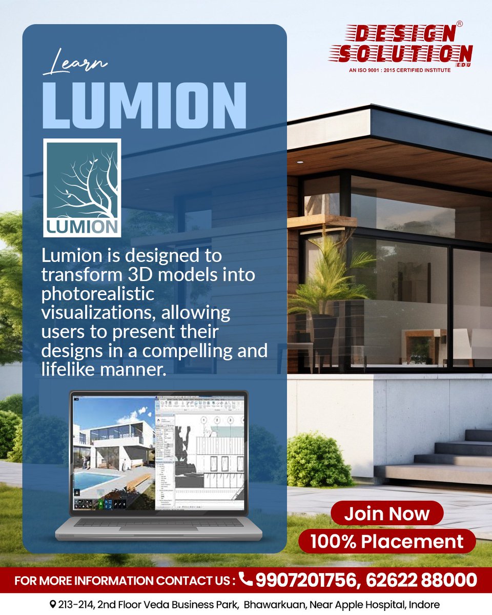 Designsolutiona's tweet image. Master 3D visualization with our Lumion Course – the perfect blend of creativity and realism. Enroll now and turn your ideas into stunning visuals!
Call: 9907201756 | 6262288000
#designsolution #DesignInstitute #lumion #lumionrender #3dartwork #architecturaldesign #interiordesign