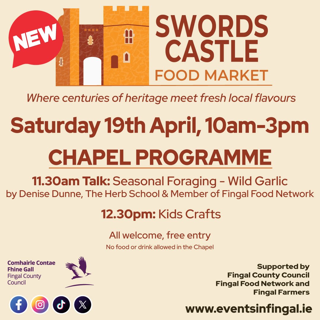 Events in Fingal (@eventsinfingal) on Twitter photo SWORDS CASTLE FOOD MARKET
🗓️ Saturday 19th April
⏰ 10am-3pm
11.30am Talk: Seasonal Foraging - Wild Garlic
12.30pm Kids Crafts
All welcome, free entry
eventsinfingal.ie
<a href="/Fingalcoco/">Fingal County Council</a> SWORDS CASTLE FOOD MARKET
🗓️ Saturday 19th April
⏰ 10am-3pm
11.30am Talk: Seasonal Foraging - Wild Garlic
12.30pm Kids Crafts
All welcome, free entry
eventsinfingal.ie
<a href="/Fingalcoco/">Fingal County Council</a>
