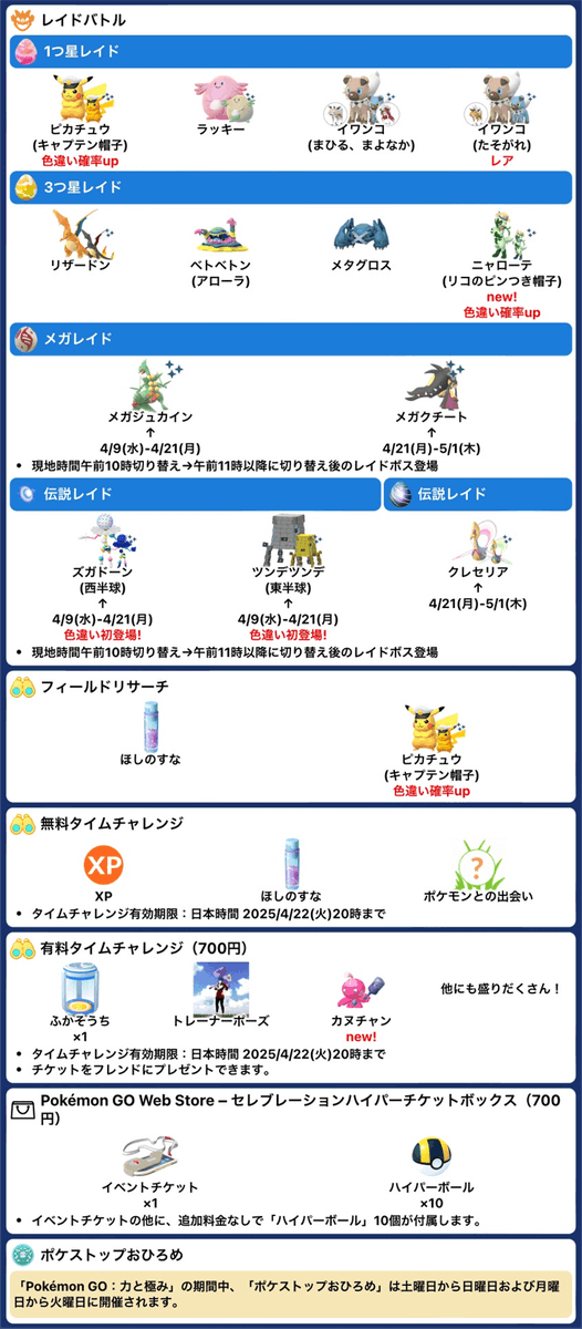 pokemapi's tweet photo. TVアニメコラボ

📅期間：日本時間 2025/4/16(水)10時～2025/4/22(火)20時まで

✅カヌチャン、ナカヌチャン、デカヌチャン、ニャローテ(リコのピンつき帽子)が初登場！
✅ピカチュウ(キャプテン帽子)
⭐️ふか距離1/2
⭐️GOスナップショットのサプライズ
など

▼https://t.co/ccBV3pdzYg

#ポケモンGO https://t.co/TrRaUFi7mu