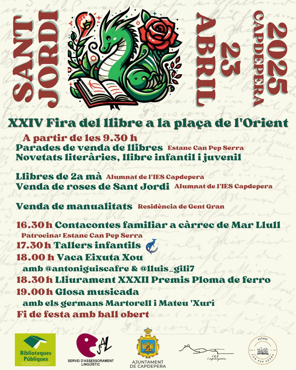 📖 🌹 Sant Jordi
Dimecres, 23 d'abril
Capdepera 2025
XXIV Fira del llibre a la plaça de l'Orient
ajcapdepera.net/ca/noticies/sa…

<a href="/ajcapdepera/">ajcapdepera</a> 
<a href="/salAjCapdepera/">SAL ajCapdepera</a>