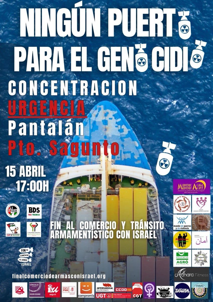 📣 HUI DIMARTS 15 D'ABRIL concentracions d'urgència als ports de València, Port de Sagunt, Castelló i Vinaròs ‼️

❗️❗️Aturem el vaixell de la mort NEXOE MAERSK que transportarà material militar cap a 🇮🇱

🧵