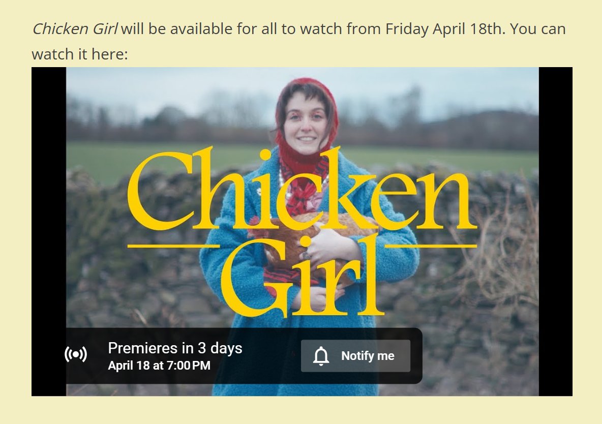 JonathanHumble's tweet photo. Retweets appreciated (thank you). A sizeable viewing audience for this wonderful short film is the aim.

Chicken Girl #BritishFilmInstitute #PiliMiliFilm #HomeManchester #FilmHubNorth #EmHumble
Friday April 18th 2025 
https://t.co/8lNgnC6Khh https://t.co/2sYiwqEgI5