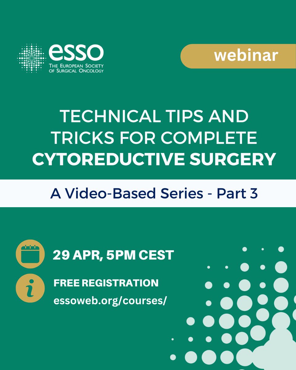 European Society of Surgical Oncology (ESSO) (@essonews) on Twitter photo Coming up in 2⃣ weeks!
Part 3 of our Tips & Tricks for #CytoreductiveSurgery
🎥 You will see videos of specific components of #CRS including peritonectomy procedures and visceral resections.
Register here 🔗essoweb.org/courses/techni…
<a href="/LanaBijelicMD/">Lana Bijelic</a> Coming up in 2⃣ weeks!
Part 3 of our Tips & Tricks for #CytoreductiveSurgery
🎥 You will see videos of specific components of #CRS including peritonectomy procedures and visceral resections.
Register here 🔗essoweb.org/courses/techni…
<a href="/LanaBijelicMD/">Lana Bijelic</a>