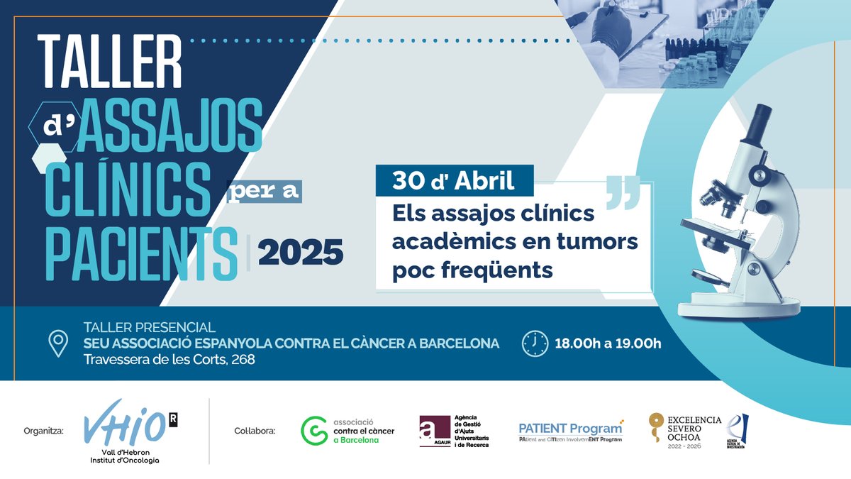 Vall d’Hebron Institute of Oncology (VHIO) (@vhio) on Twitter photo 📣 Taller d'Assajos Clínics per a Pacients‼️
🔹 Els assajos clínics acadèmics en tumors poc freqüents.
💬 Amb Nura Luffi i <a href="/ShareVega/">SHARELA VEGA</a> de #VHIO.
🗓️ 30 d'abril ⏰ 18 h 📍<a href="/ContraCancerBCN/">Associació Contra el Càncer BARCELONA</a>
Inscríbete 👉 linke.to/TECTumorespoco…
#SOMMVHIO 📣 Taller d'Assajos Clínics per a Pacients‼️
🔹 Els assajos clínics acadèmics en tumors poc freqüents.
💬 Amb Nura Luffi i <a href="/ShareVega/">SHARELA VEGA</a> de #VHIO.
🗓️ 30 d'abril ⏰ 18 h 📍<a href="/ContraCancerBCN/">Associació Contra el Càncer BARCELONA</a>
Inscríbete 👉 linke.to/TECTumorespoco…
#SOMMVHIO