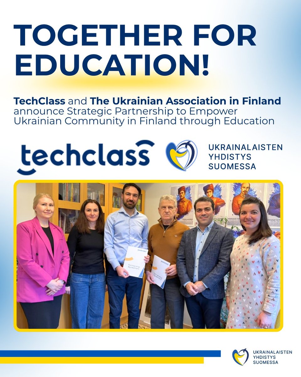 UkrAssocInFinn's tweet photo. TechClass and The Ukrainian Association in Finland Announce Strategic Partnership to Empower Ukrainian Community in Finland through Education

@TechClassHQ  and the Ukrainian Association in Finland are teaming up to bring accessible, practical, and up-to-date training programs to the community. This initiative is not only a step forward in promoting digital inclusion but also a reflection of shared values—empowerment, education, and community support.

From AI to IT, our partnership will offer accessible courses to help Ukrainians in #Finland thrive professionally. 

Learn more: https://t.co/GsBiLd791Y

#StandWithUkraine #SkillsForFuture #TechClass
