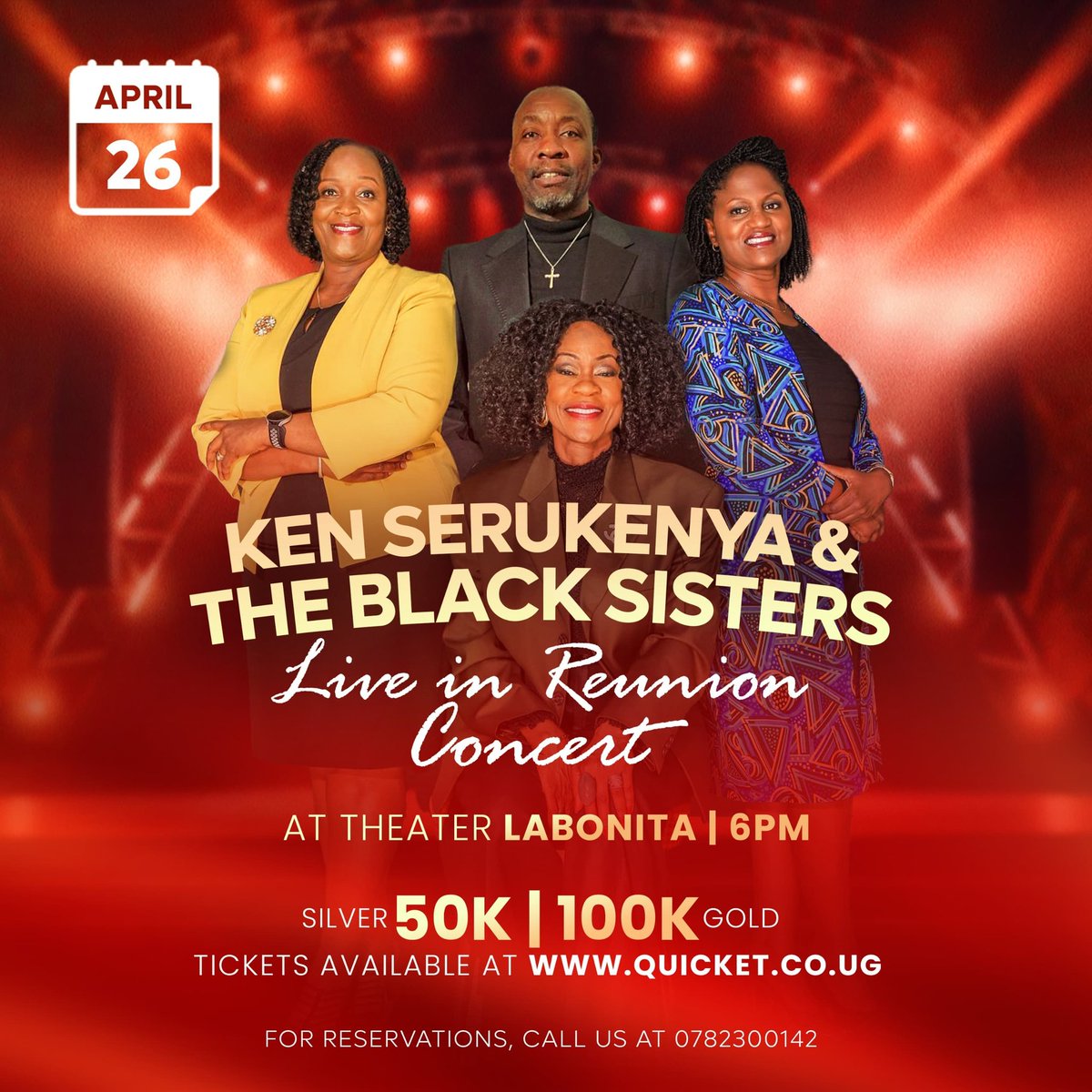 We are almost there!
The date is 26th April
Come let's witness this golden tunes reminisce with Ken Serukenya and the Black Sisters live in a Reunion Concert

Theatre LaBonita
6pm 
qkt.io/KenSistersLive 👈 get yourself a ticket today!