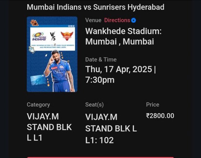 #MIvsSRH  , #MIvSRH  

LAST 5 tickets available for sale

Sachin tendulkar pav. 

Vijay merchant pav

Garware pav

Dm me on whatsapp 8982156123  to buy

Physical and m tickets available 

#iptickets #ipticket #mitickets #srhtickets #srhtickets #mivssrhtickets