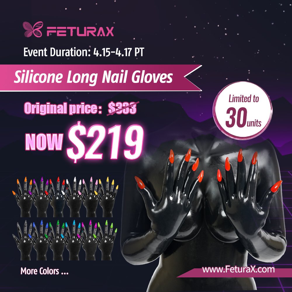 FeturaX's tweet photo. 🥳FeturaX Silicone Long Nail Gloves are here 😎✨
Colorful, dazzling, and sexy.😘
📆: 4.15–4.17 (PT) — just 3 days only!
🔗: https://t.co/NqVWwU3GJa
����Special Launch Price: $219 (originally $333)
⚠️Limited to only 30 sets!

🎁GIVEAWAY TIME!
Like, retweet, and comment — we’ll randomly pick 2 lucky winners to get a set for FREE!❤️
Don't miss！😜🎆
#feturax #bdsm #drone  #fetish #latex #fetlife