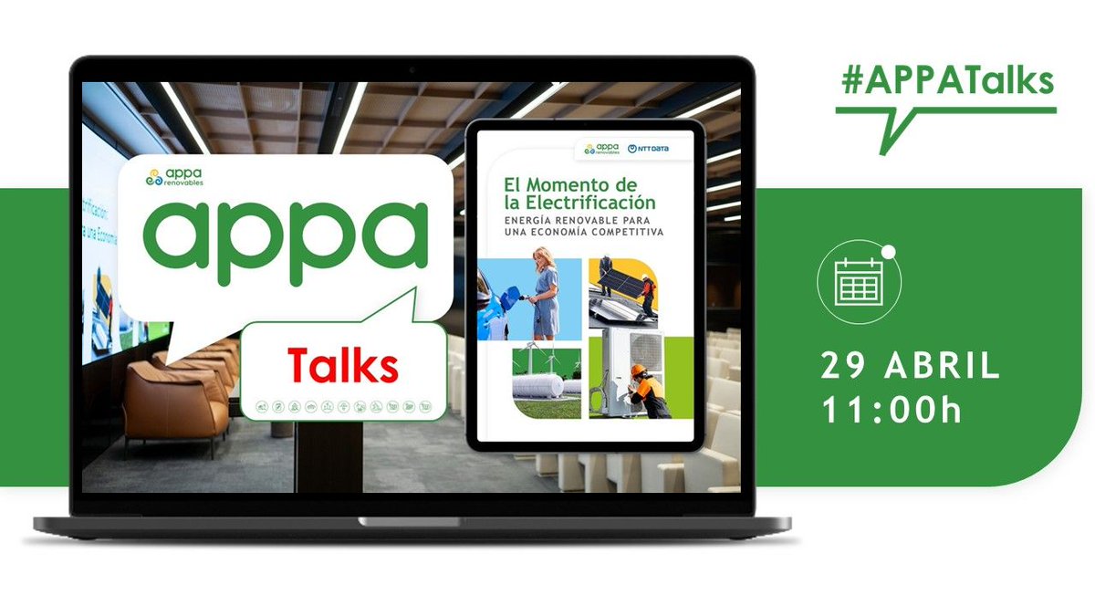 APPA_Renovables's tweet photo. 💬 #APPATalks | Celebramos nuestro primer encuentro para debatir sobre el informe "El Momento de la Electrificación" con José María González Moya (@jmgmoya), DG @APPA_Renovables, y Javier García Breva, experto en políticas energéticas. Electrificación, competitividad y sostenibilidad en el centro del debate.
🗓️ 29 abril | 11:00h
Regístrate 📥��� https://t.co/mrG66qlyqm
#TransiciónEnergética #EnergíasRenovables #Electrificación