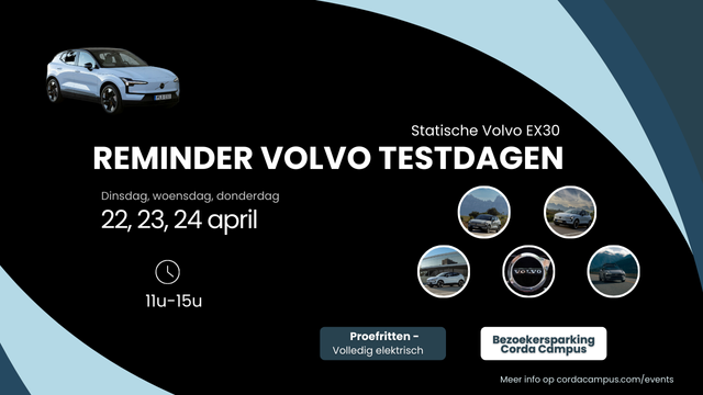 Benieuwd naar de nieuwe Volvo EX30? Kom dan zeker langs tijdens de Volvo testdagen op 22, 23 en 24 april, telkens tussen 11.00 en 15.00 uur op de bezoekersparking. Reserveer hier je testrit: shorturl.at/ICaIS