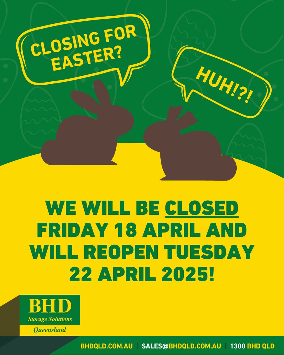 BHDQLD's tweet photo. Please note: The #BHDQLD team will be taking a short break over the Easter Long Weekend. Our office and warehouse will be closed from 18 - 21 April , reopening Tuesday, April 22nd.  If you need stock or support before the break, give us a call on 1300 243 753 – we’re all ears! https://t.co/PJEME3wJHR