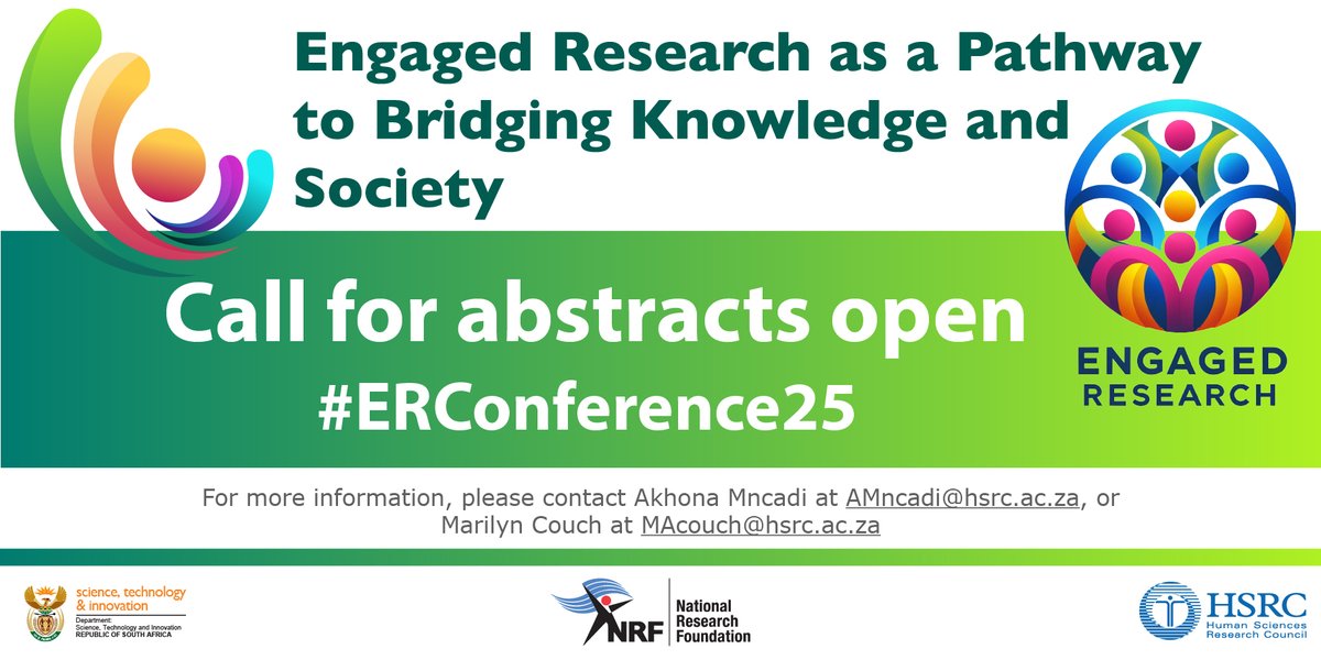 HSRCza's tweet photo. CALL FOR ABSTRACTS: The HSRC/NRF Engaged Research Conference
All the details here: https://t.co/A2vSOj5JyU
#ERConference25 https://t.co/2F0ng3pVc4