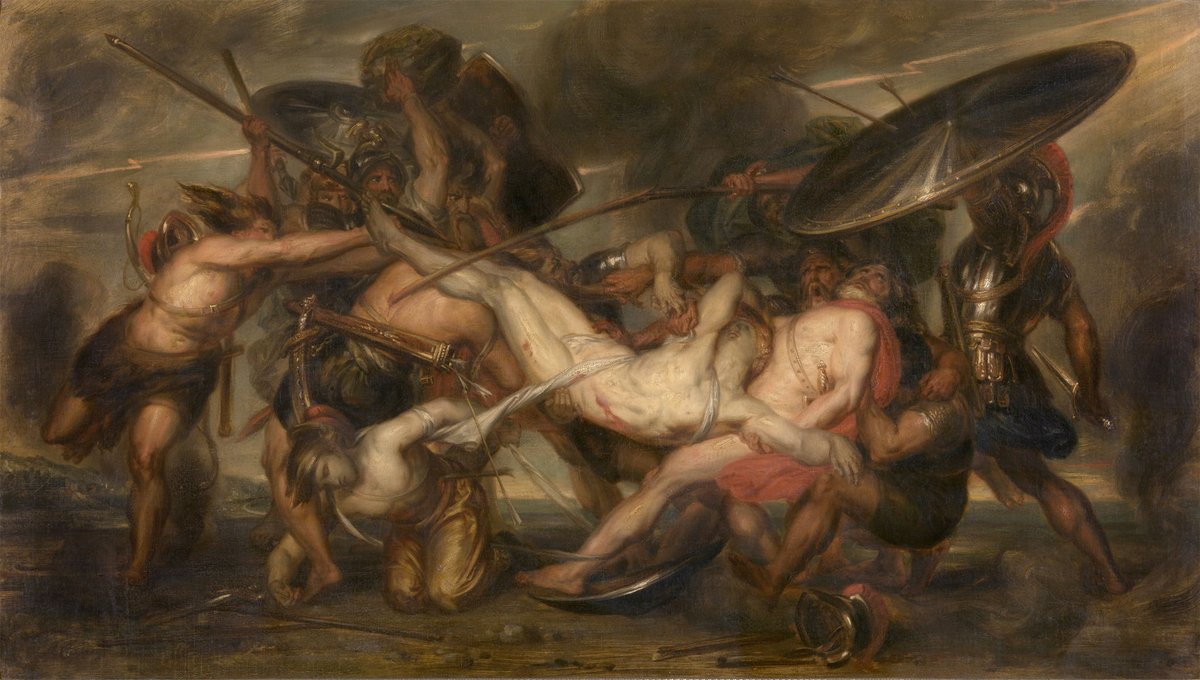 Since_1944's tweet image. “Let me not then die ingloriously and without a struggle, but let me first do some great thing that shall be told among men hereafter.”
“The Iliad”
Painting: Antoine Wiertz, “The Greeks and Trojans Fighting over the Body of Patroclus” (after 1836).