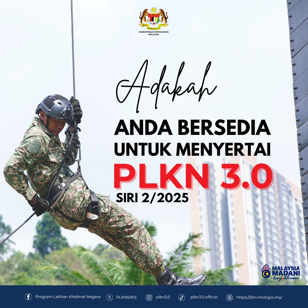 PLKNSIRI3's tweet image. Adakah anda bersedia untuk menyertai PLKN 3.0 Siri 2/2025 ?

📌JOM &quot;FOLLOW DAN LIKE&quot; MEDIA SOSIAL JABATAN LATIHAN KHIDMAT NEGARA📌

#mindefupdate
#mindefmalaysia
#plkn
#khidmatnegara
#taatsetia
#JomSertaiPLKN