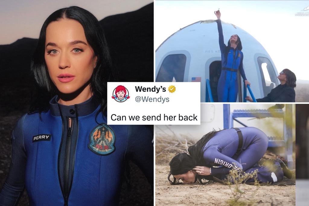 nypost's tweet photo. Fast-food chain Wendy’s takes aim at Katy Perry after Blue Origin space flight: ‘Can we send her back’ https://t.co/5HJWiGvtp9 https://t.co/0Jve1TLSpZ