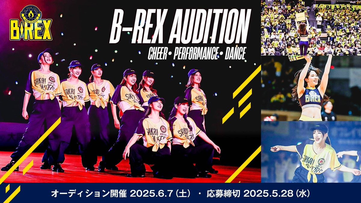 sakaiblazers's tweet photo. 🟡2025-26シーズンB-REXオーディション開催🟡
日本製鉄堺ブレイザーズ公式パフォーマンスチームB-REXの2025-26シーズンメンバーオーディションを行います✨🦖
サポーターと共に熱く応援していただけるメンバーを募集します‼️👏

▼詳しくはこちら
https://t.co/lNgpImfaYk

#日本製鉄堺ブレイザーズ #バレーボール
#B_REX