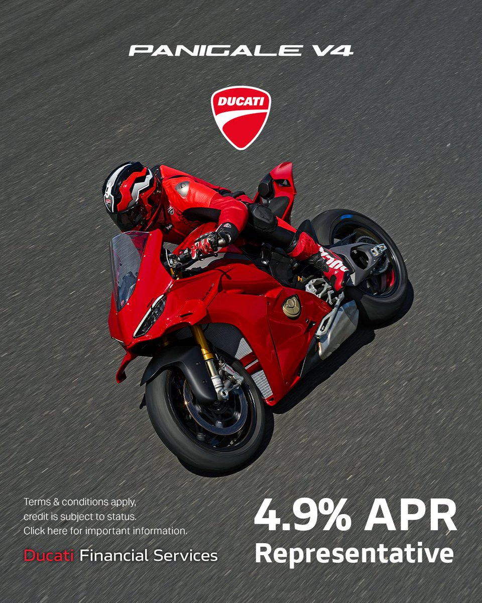 DucatiUK's tweet photo. The Panigale V4 and V4S are ready to deliver 216hp of Ducati brilliance and dedication in the pursuit of perfection, now with their lowest ever finance rate.
https://t.co/JVs83tLSuc #PanigaleV4 #WonderEngineered https://t.co/oc6gD10xA1