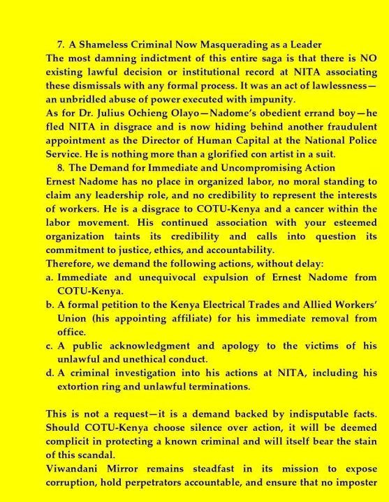 VIWANDANI MIRROR - KE (@viwandanimirror) on Twitter photo <a href="/ilo/">International Labour Organization</a> SHOULD REJECT the inclusion of <a href="/ErnestNadome2/">Ernest Nadome</a> /<a href="/ernestnadome1/">ernest nadome</a> of <a href="/COTU_K/">COTU KENYA</a> from attending the 113th International Labour Conference (ILC) in Geneva slated for 2nd to 12th June 2025 in light of. his CORROSIVE CONDUCT towards EMPLOYEES. <a href="/ilo/">International Labour Organization</a> SHOULD REJECT the inclusion of <a href="/ErnestNadome2/">Ernest Nadome</a> /<a href="/ernestnadome1/">ernest nadome</a> of <a href="/COTU_K/">COTU KENYA</a> from attending the 113th International Labour Conference (ILC) in Geneva slated for 2nd to 12th June 2025 in light of. his CORROSIVE CONDUCT towards EMPLOYEES.