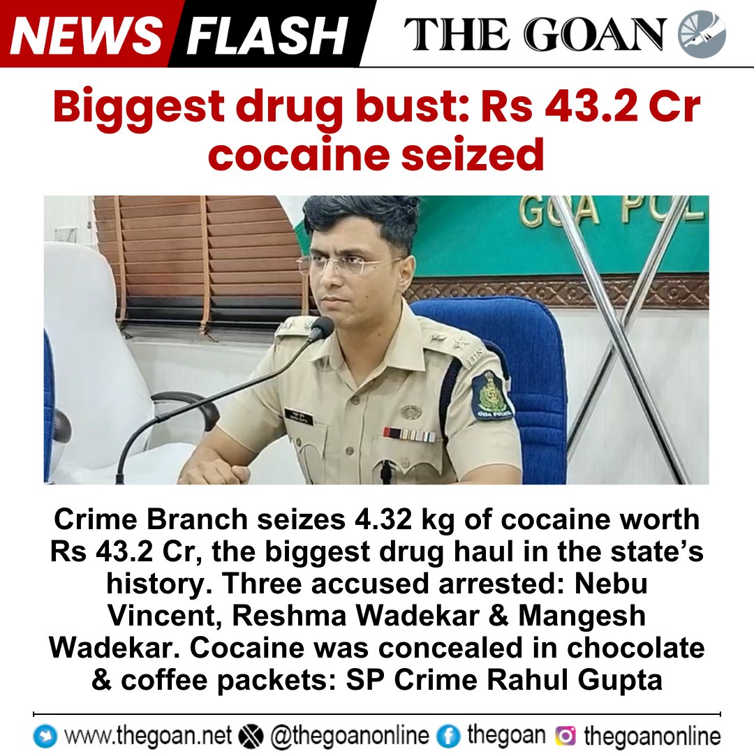 Biggest #drug bust: Rs 43.2 Cr #cocaine seized

#Goa #BreakingNews