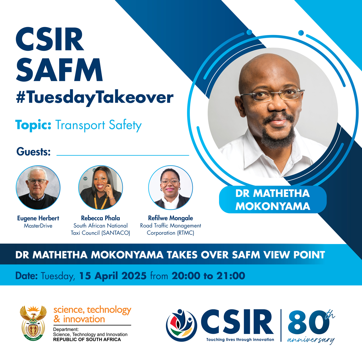 CSIR's tweet image. Get ready as #TeamCSIR takes the reins for @SAfmRadio The View Point #TuesdayTakeover with an insightful show on #transportsecurity.

Hosted by Dr Mathetha Mokonyama, CSIR Impact Area Manager for Transport Systems and Operations, the session will focus on the national road safety…