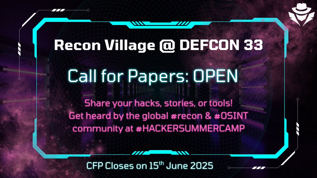 📢 CFP is LIVE!

Recon Village is back at <a href="/defcon/">DEF CON</a> 33 and calling all #OSINT nerds and #Recon maniacs.  Got a technique, toolkit, or wild OSINT case? We want it.

📅 CFP closes: June 15
🎯 Submit now: sessionize.com/recon-village-…

#OSINT #DEFCON #ReconVillage #CFP #dcvillages