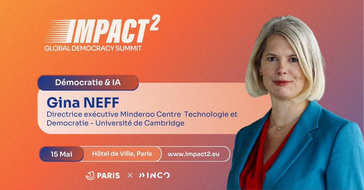 inco_group's tweet photo. [EN] 🎙️ Impact² 2025 will welcome a leading thinker on the digital society and democracy.

We’re proud to announce the participation of @ginasue, Executive Director of the Minderoo Centre for Technology &amp; Democracy (@MCTDCambridge) at the University of Cambridge (@Cambridge_Uni). https://t.co/xef31wE2Xz