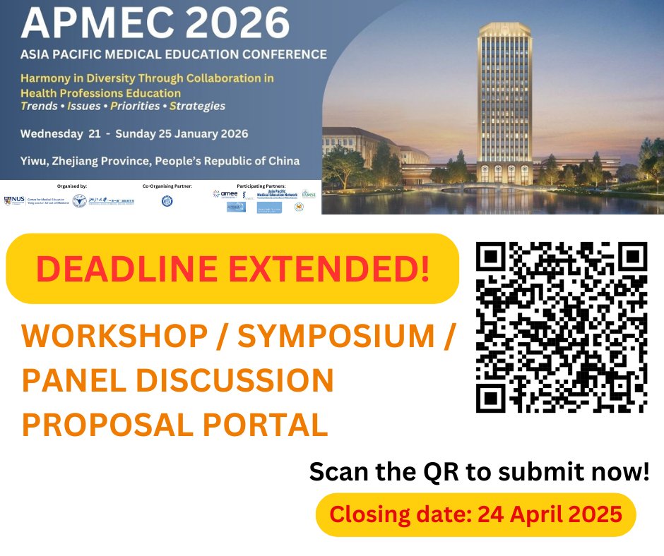 Submission Deadline Extended!
The deadline to submit proposals for Workshops, Symposia, and Panel Discussions for #APMEC2026 has been extended
New deadline: 24 April 2025
Submit your proposal here: inetapps.nus.edu.sg/apmec/proposal…
#diversity #medicaleducation #meded