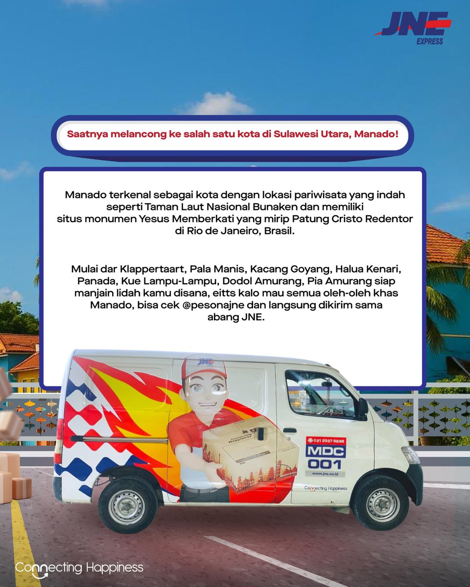 salah satu kota di Sulawesi Utara, Manado!

Kota yang terletak di Pulau Sulawesi Indonesia ini punya pesona keindahan alam dan makanan khas yang memikat, lho! Bisa dipastiin kamu gak bakal pulang dengan tangan kosong deh.. Nah, jangan lupaa, kirim oleh-olehnya pake JNE yang bisa