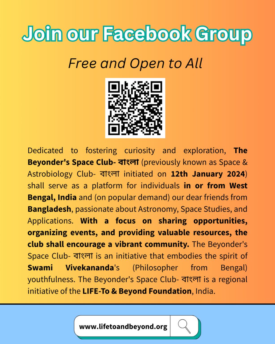lifetoandbeyond's tweet photo. 🔭 Dedicated to those in or from West Bengal, India, and our beloved friends from Bangladesh, this group is your home if you're passionate about:
✨ Astronomy
✨ Space Studies
✨ Space Applications
#SpaceClub #Bengali #WestBengal #India #Bangladesh #TogetherWeCan https://t.co/buxnWAsiEF
