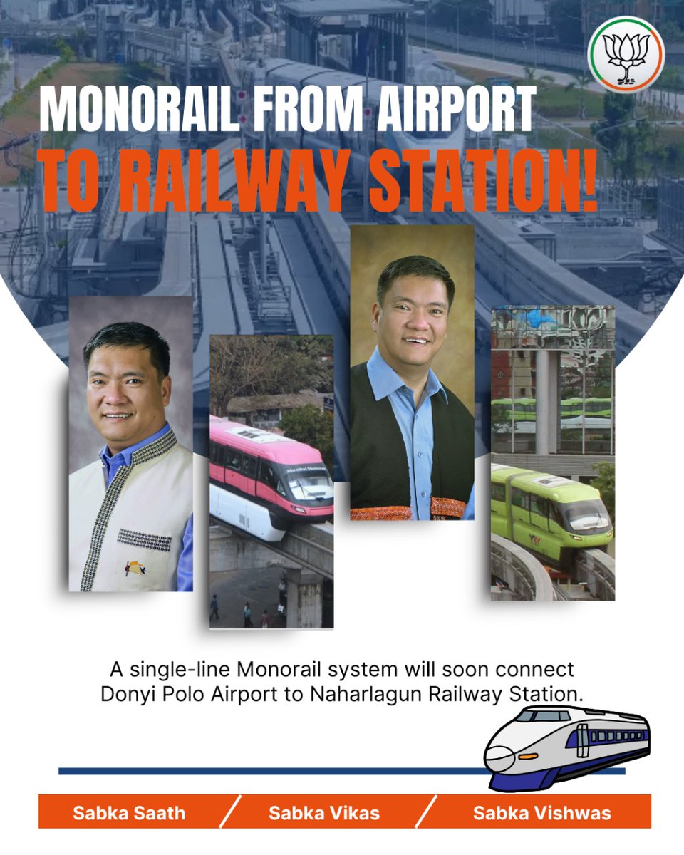 BJP4Arunachal's tweet photo. From Runway to Railway—In One Smooth Ride!
Under Pema 3.0, a new monorail line will soon link Donyi Polo Airport to Naharlagun Railway Station, ensuring faster and smoother travel for all.
#SmartMobility #MonorailProject #ArunachalOnTheMove
@BJP4India @PemaKhanduBJP @ChownaMeinBJP @KalingMoyongBJP @TheAshokSinghal