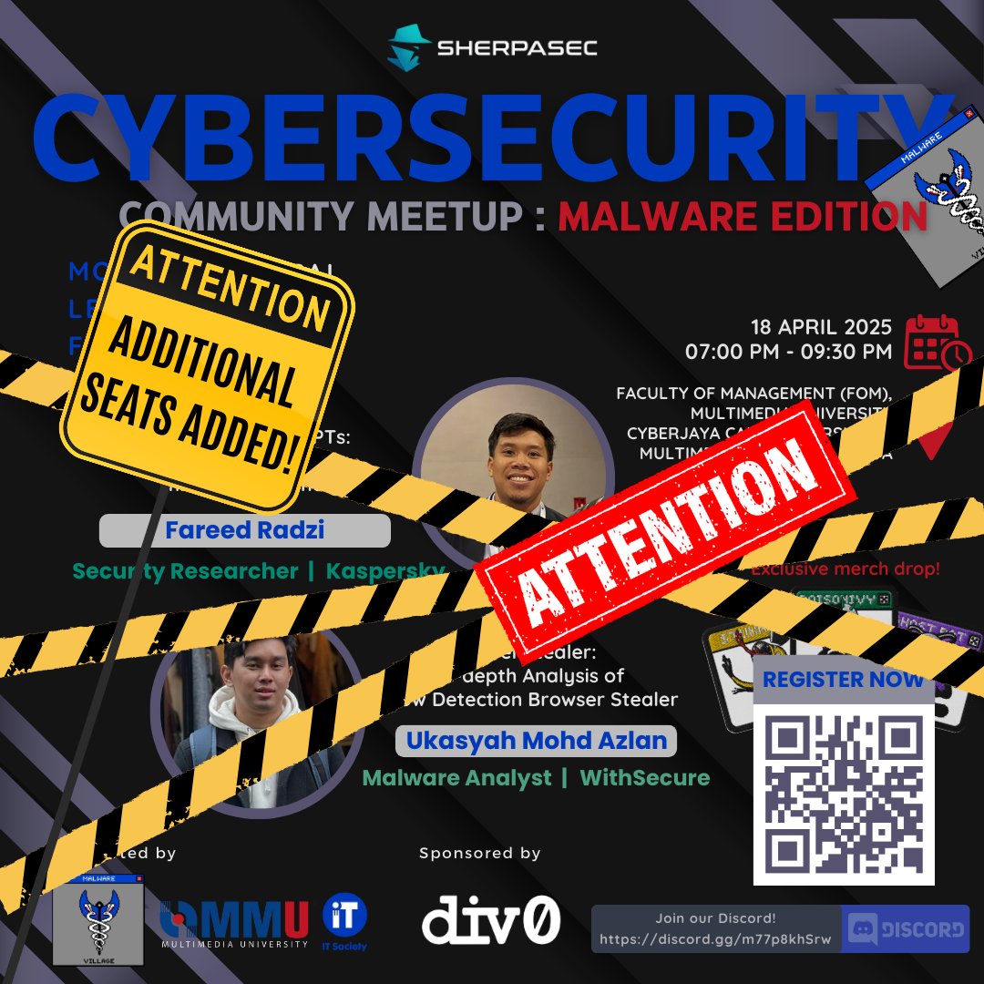 sherpasecmy's tweet image. YOU ASKED, SHERPASEC DELIVERS.

We worked with @ITSocietyMMU and managed to boost our upcoming session's seats!

Be fast and grab those seats! 

If you are in the waitlist previously, check your email!

#sherpasec #malwarevillage #ITsociety #cybersecurity #meetup