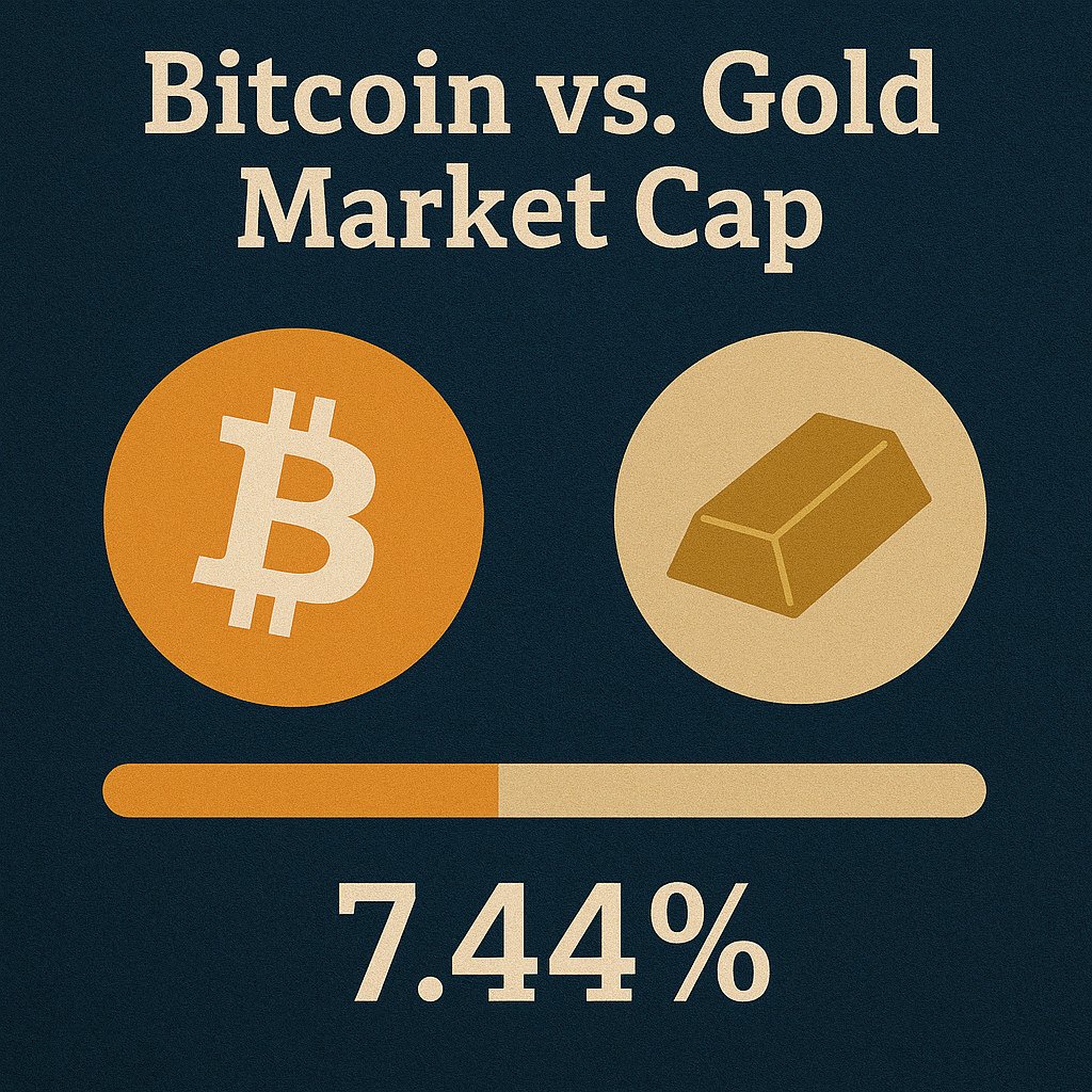 📊 Bitcoin vs Gold Market Cap: 7.44%

This means the total value of all Bitcoin is just 7.44% of Gold’s market cap.

If Gold = ₹100, Bitcoin = ₹7.44 👀

Still early? 🤔