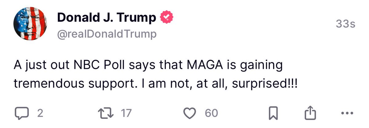 BREAKING 🚨 President Trump stuns America by saying NBC’s poll has MAGA gaining in popularity

NBC was forced to finally report the Truth for once 

I AM NOT A REPUBLICAN, I AM A MAGA PATRIOT
