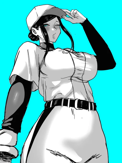 野球ユニフォーム色白黒髪ほくろお姉さん