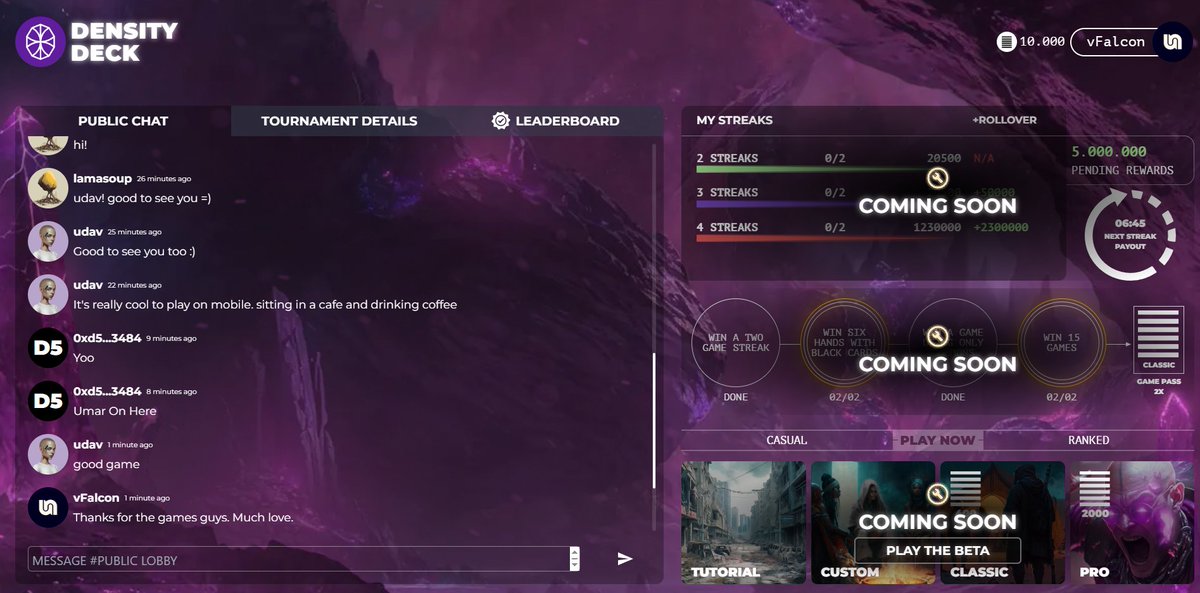 Massive shoutout to <a href="/casual_causal/">casual.causal</a>, <a href="/Nameless0ne_eth/">Nameless0ne</a>, <a href="/lamasoupeth/">lamasoup</a> and everyone else on the team at <a href="/DENSITYDECK/">Density Deck</a> ❤️

This is the most fun I've had playing a Web3 game beta in a long time. Can't wait for the full version.