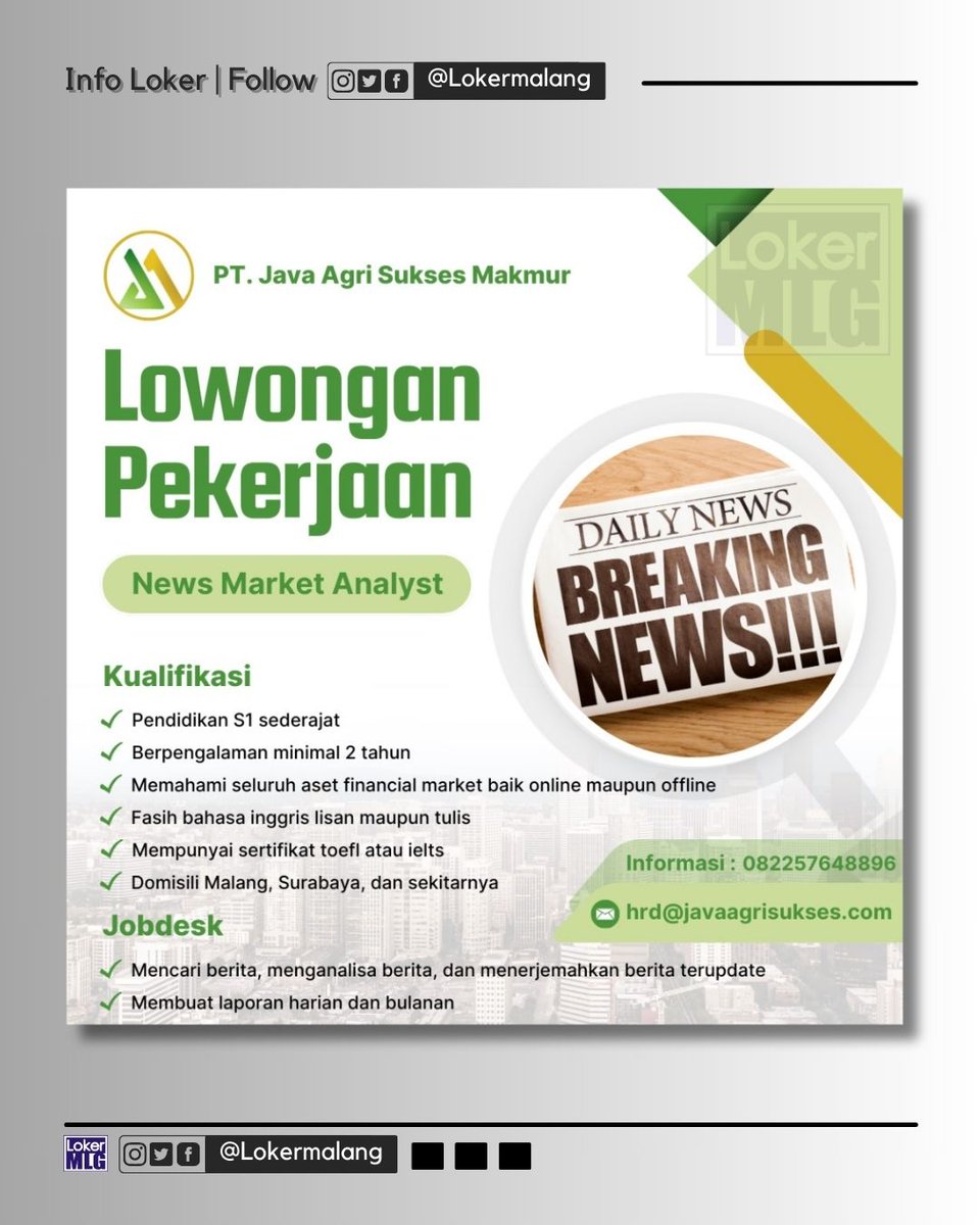 #Lokermalang 

PT. JAVA AGRI SUKSES MAKMUR

WE ARE HIRING‼️

▪️ 𝘕𝘌𝘞𝘚 𝘔𝘈𝘙𝘒𝘌𝘛 𝘈𝘕𝘈𝘓𝘠𝘚𝘛
▪️ 𝘍𝘐𝘕𝘈𝘕𝘊𝘐𝘈𝘓 𝘔𝘈𝘙𝘒𝘌𝘛 𝘈𝘕𝘈𝘓𝘠𝘚𝘛

__
Please send your CV to:
📧 : hrd@javaagrisukses.com
📝 : Subject “Posisi_Nama Lengkap”

More info :
📱 : 0822-5764-8896