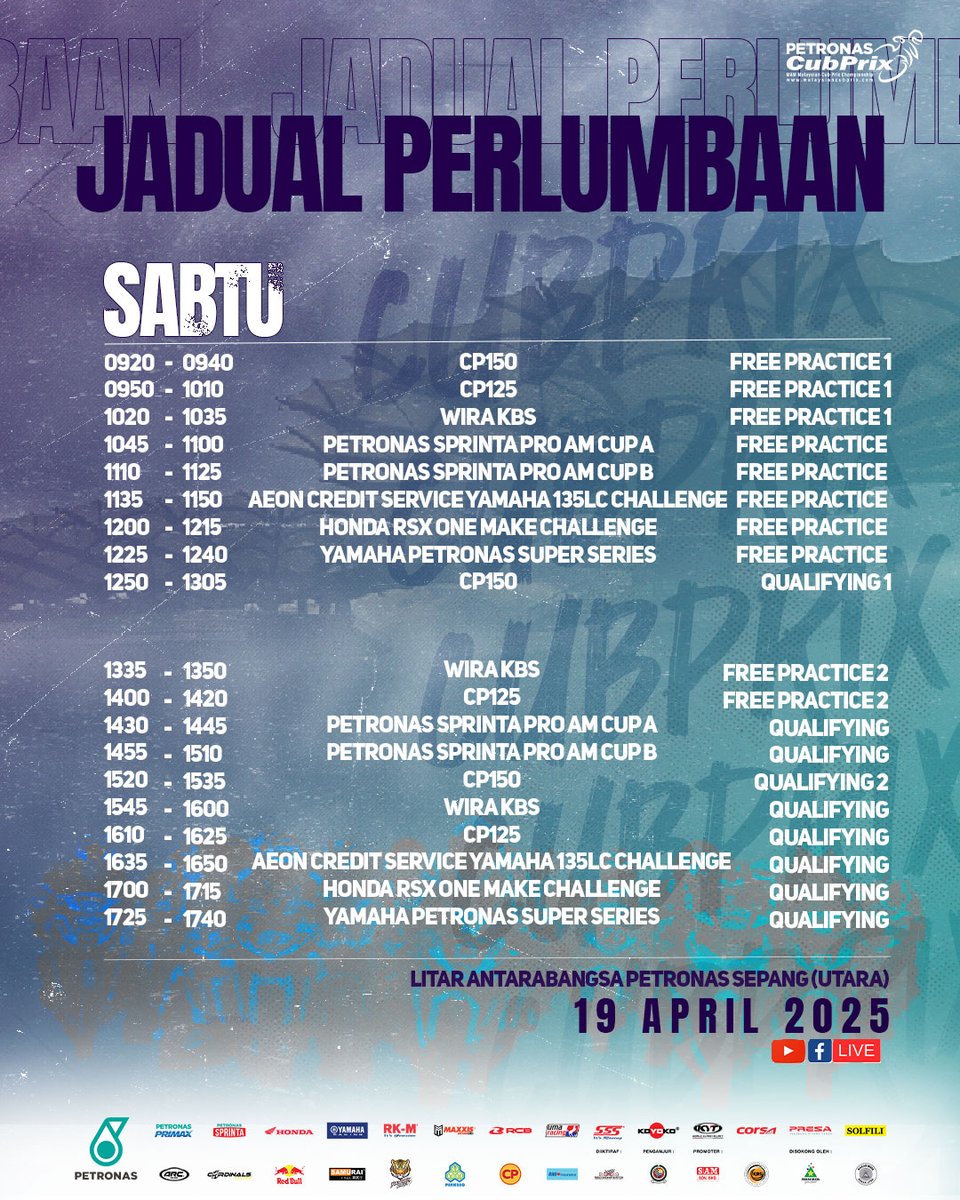 msiancubprix's tweet photo. Jadual perlumbaan untuk minggu ini! Jangan lupa tau gais, hari Ahad kita ada PITWALK!
Masuk percuma 😃✋

Jumpa anda di sana!
📍Litar Antarabangsa PETRONAS Sepang
🗓️ 19-20 April 2025

#PETRONASmotorsports #PETRONASmotorsports https://t.co/JvjEnNHCWy