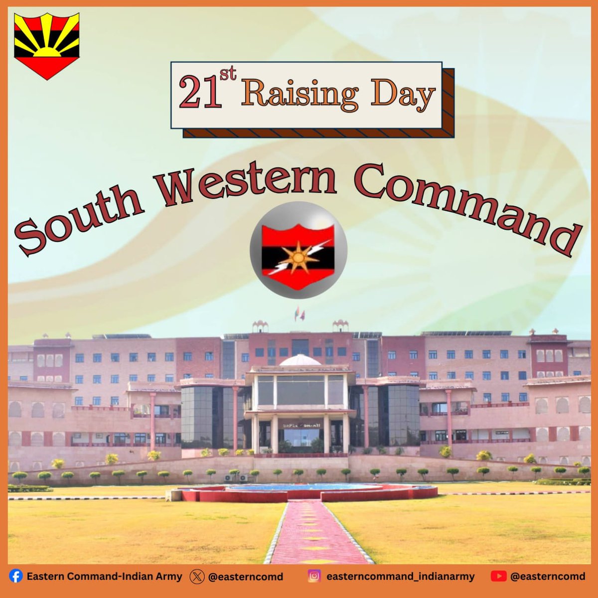 easterncomd's tweet photo. #IndianArmy
#EasternCommand
#NationFirst
On the occasion of the 21st Raising Day of the #SouthWesternCommand, Lt Gen RC Tiwari, #ArmyCdrEC extends best wishes and felicitations to all Ranks, Veterans and their families.
@adgpi
@SpokespersonMoD
@HQ_IDS_India
@indiannavy
@IAF_MCC
@official_dgar
@ProDefKolkata
@IndiaCoastGuard
@HQ_DG_NCC
@SWComd_IA
Facebook - https://t.co/3z08GsMkpD
Instagram - https://t.co/dtt0klpLte