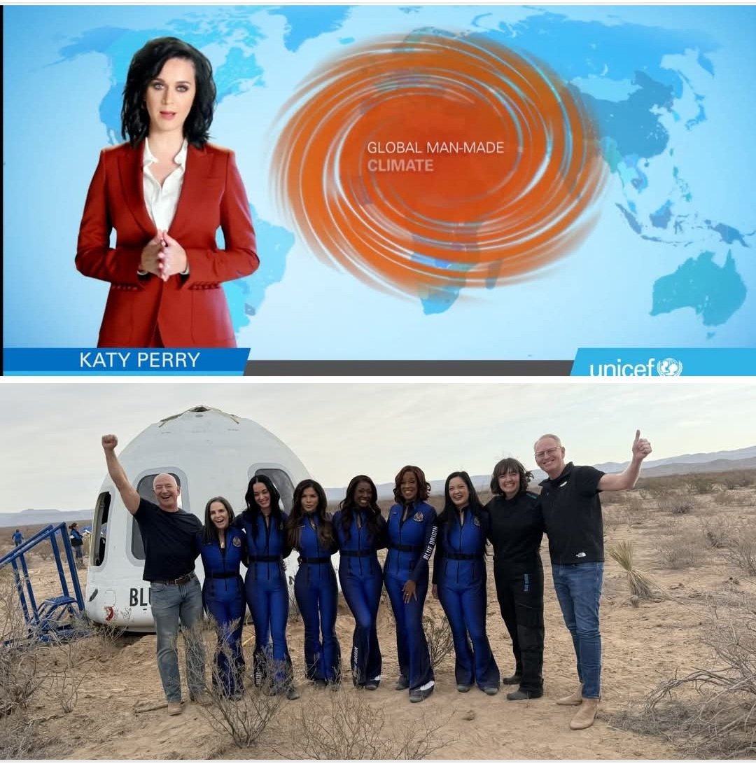 Katy Perry flog mit einer Rakete 11 Min ins "All", um 4 Min Schwerelosigkeit zu erleben.

Sie ist übrigens offizielle UNICEF-Botschafterin gg "den menschengemachten Klimawandel".

Doppelmoral muss man sich halt leisten können 😉