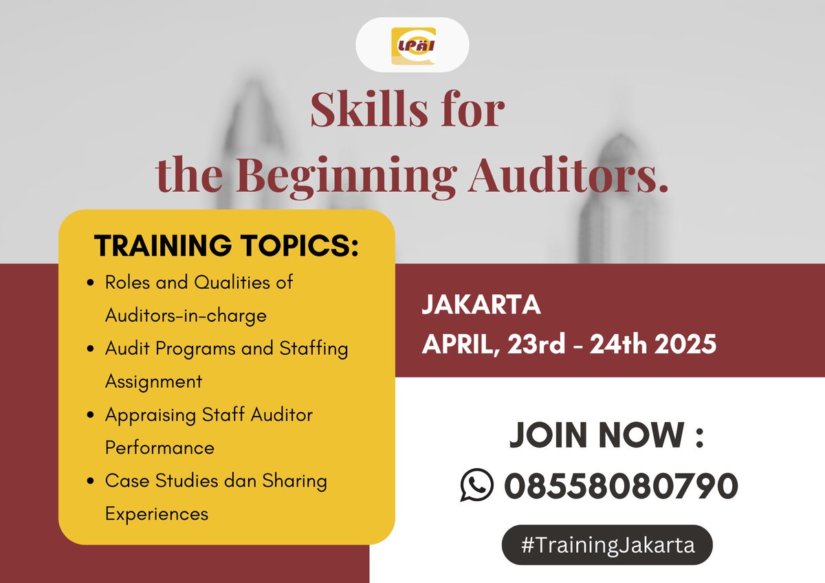 infotrainingID's tweet photo. Training untuk internal Auditor "Skills for the Beginning Auditors"
23-24 April 2025 
Info &amp; Pendaftaran -> WA: 08558080790  
#TrainingJakarta #TrainingAudit #PelatihanAudit https://t.co/lFWzxuSzA9