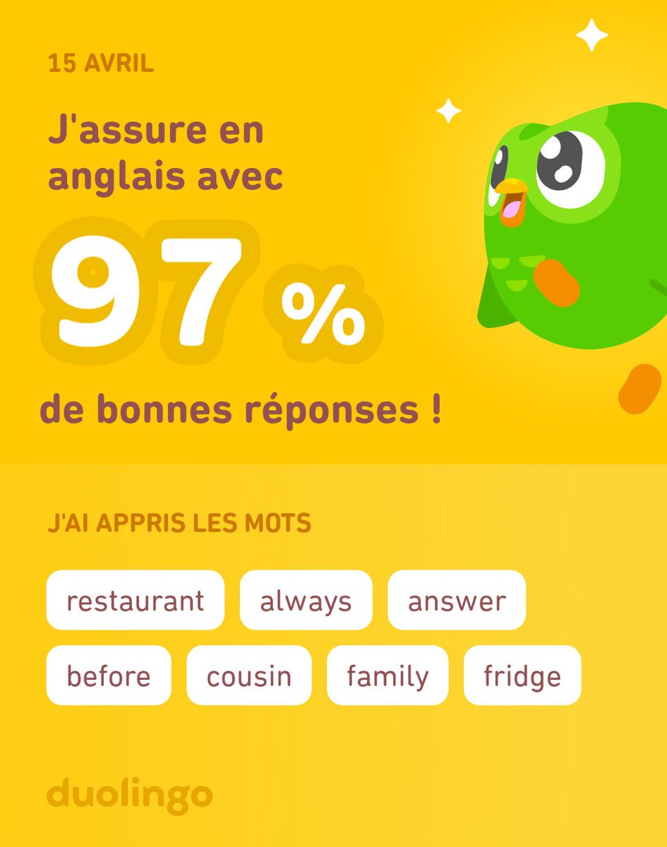 RoseNGALULA7's tweet photo. J'apprends l'anglais avec Duolingo ! C'est gratuit, fun et efficace. https://t.co/YQMRYohr6v