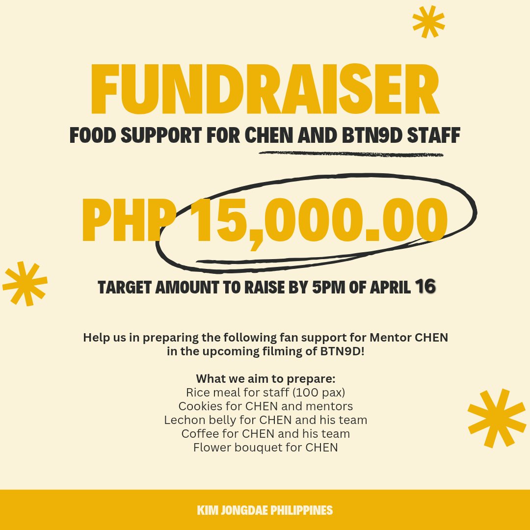kimjongdaeph21's tweet photo. [FUNDRAISING] Food Support for CHEN and BTN9D Staff

Hello everyone! 
With the show's upcoming filming, we our planning to send our support for Mentor CHEN! 💛
If you are interested to chip in for this initative, kindly accomplish the donation form below.
👉 https://t.co/FzRLpNmXjB

Please take note that the plans are still up for approval. Any excess funds collected through this fundraising effort shall be used for support for the next filming or other projects for CHEN (e.g. comeback, solo events, etc.). A transparency report will also be posted later on. Thank you!