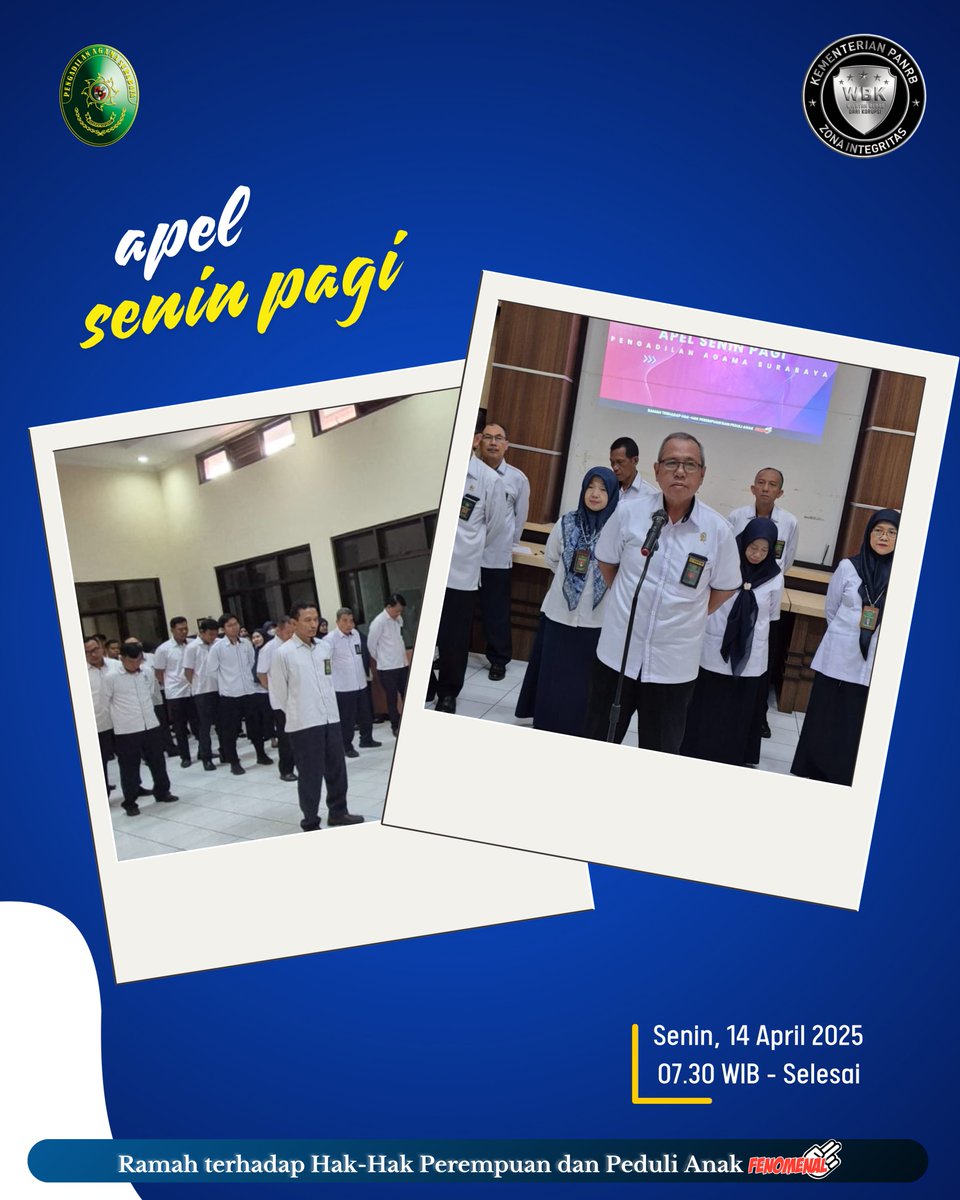 PASurabaya's tweet photo. #Fenomenal

Surabaya, 14 April 2025 – Pengadilan Agama Surabaya kembali melaksanakan kegiatan rutin Apel Pagi di Aula Pengadilan Agama Surabaya. Apel pagi ini dipimpin langsung oleh Drs. H. Ach. Shofwan MS, S.H., M.H. selaku pembina apel. https://t.co/5IvttCBLqf