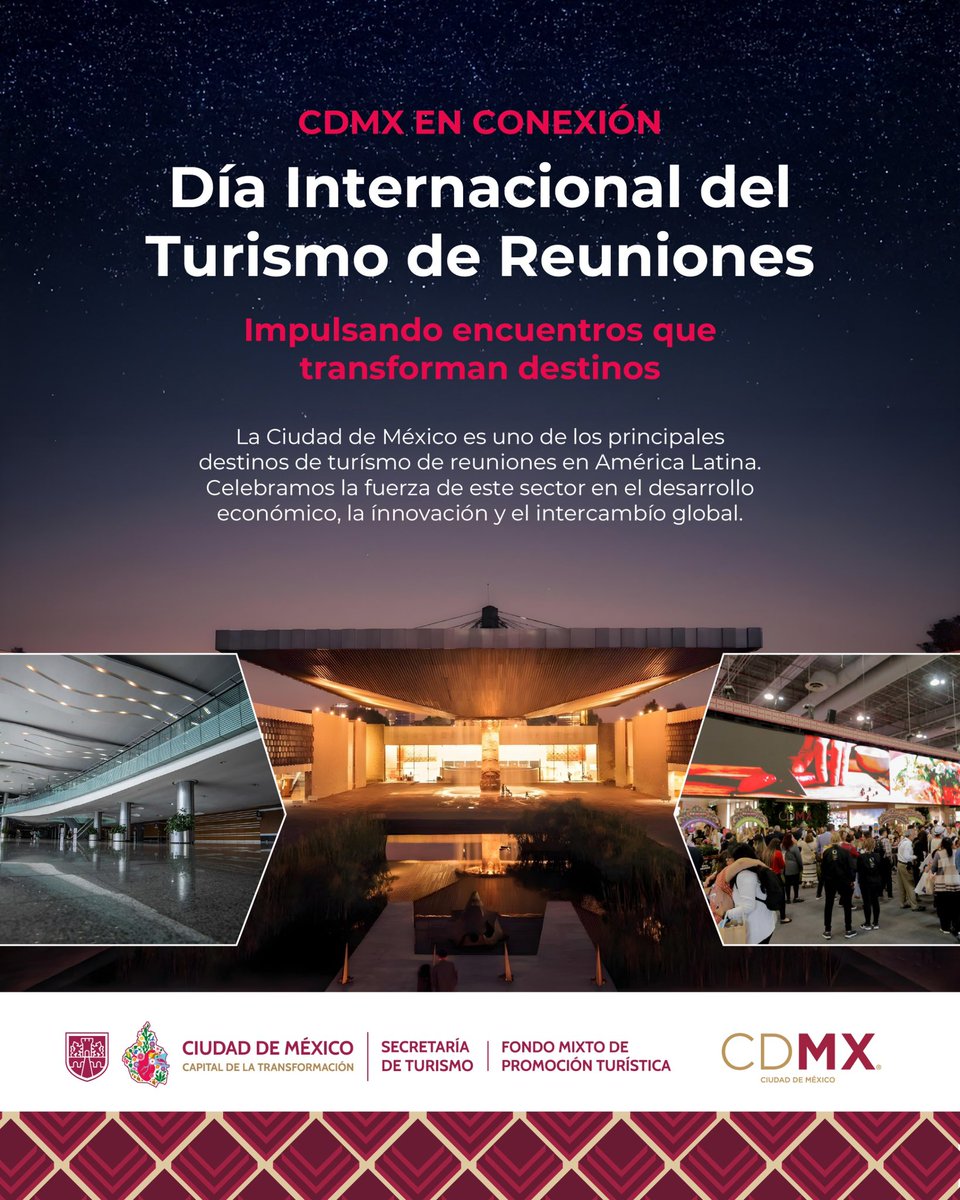 fmpt_cdmx's tweet photo. Hoy es el #DíaInternacionalDelTurismoDeReuniones ✈️🤝 La CDMX es el 🫀 de los grandes encuentros que impulsan negocios, conocimiento y transformación

¡Seguimos posicionando a la capital como líder en turismo MICE!

#TurismodeReuniones #CorazonGrande #CapitalDeLaTransformación https://t.co/WbsAcOweJH