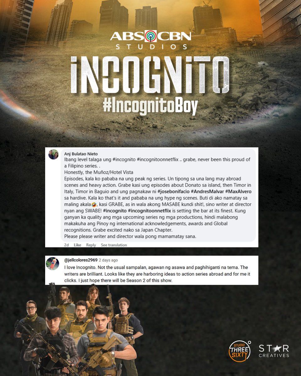 StarCreativesTV's tweet photo. 💬 "This episode is 10/10 for me...Perfect balance...Everybody is stepping up. "
💬 “...Ang galing ng cast at ang exciting ng plot!”
💬 “Incognito is a must-watch for fans of action and drama! The series' world-class cinematography and intense fight scenes make it a standout.” https://t.co/2JV6uRfzFy