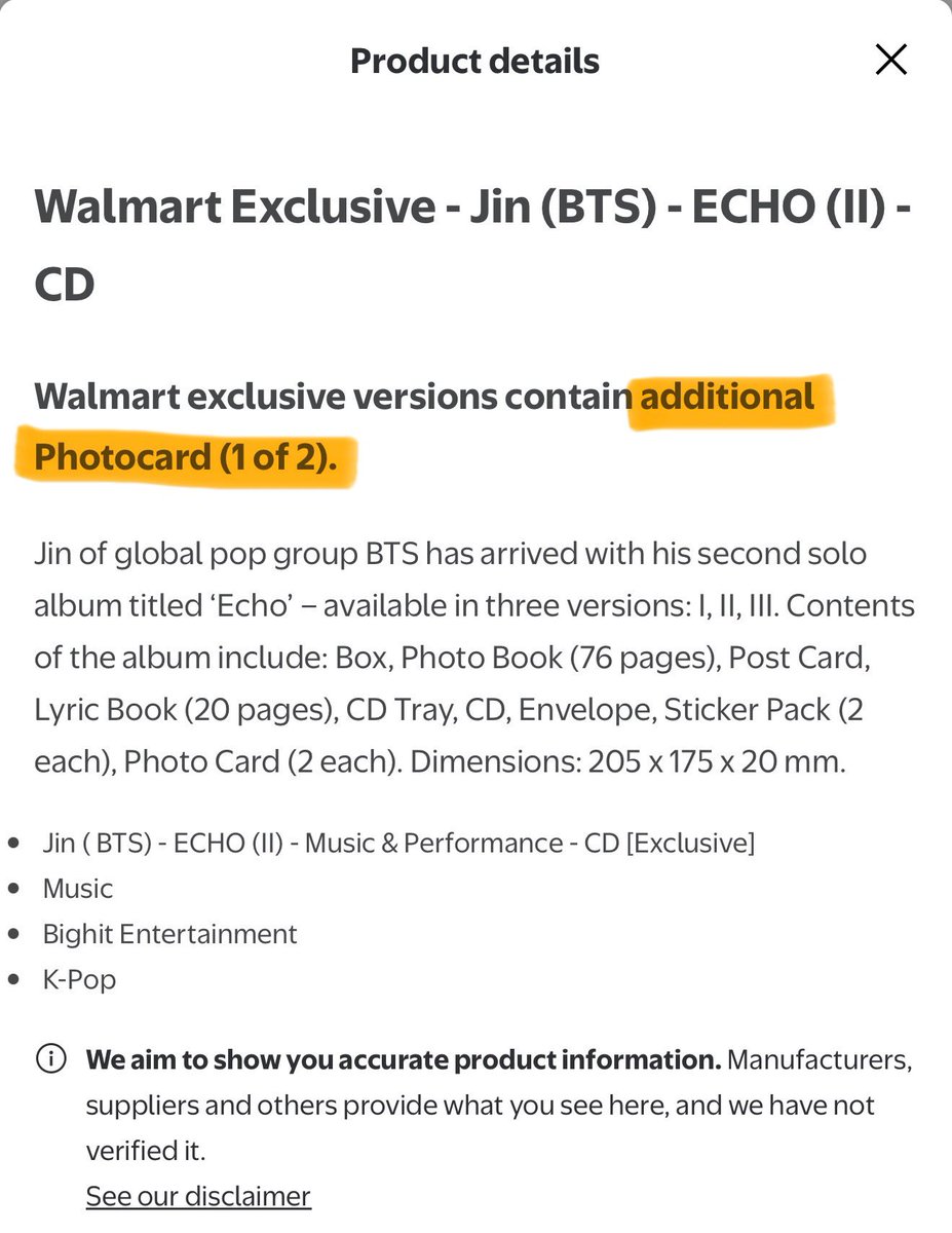JIN - ECHO Walmart 🇺🇸 🎁 Exclusive Photocard [1/2 revealed
