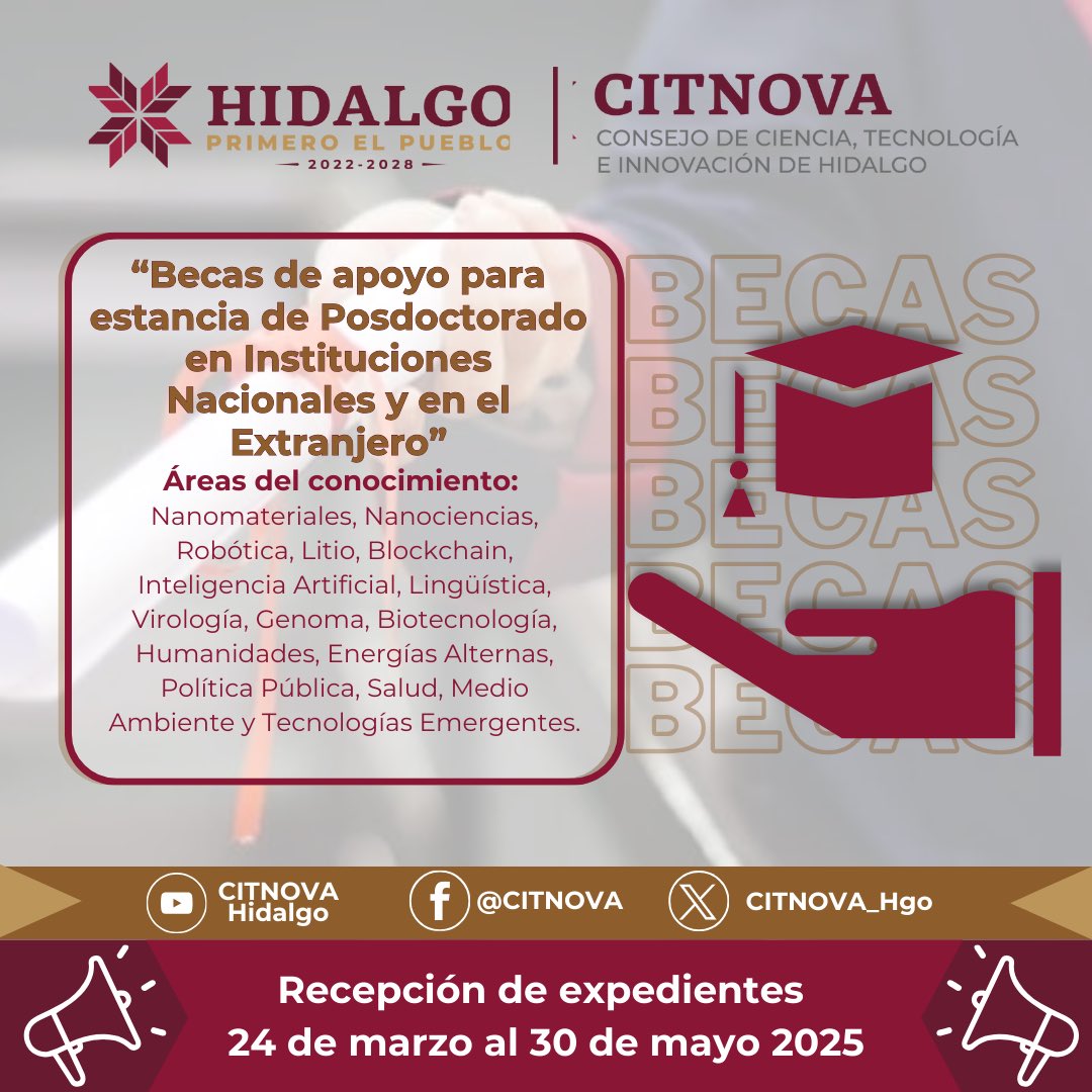 MARFECA_HIDALGO's tweet photo. 🚀 ¡Haz despegar tu futuro con una beca de posgrado! 🎓✨

El Consejo de Ciencia, Tecnología e Innovación de Hidalgo #Citnova abre 4 convocatorias para impulsar el talento hidalguense a través del programa "Becas para la formación de capital humano". https://t.co/PV6YKL6SZt
