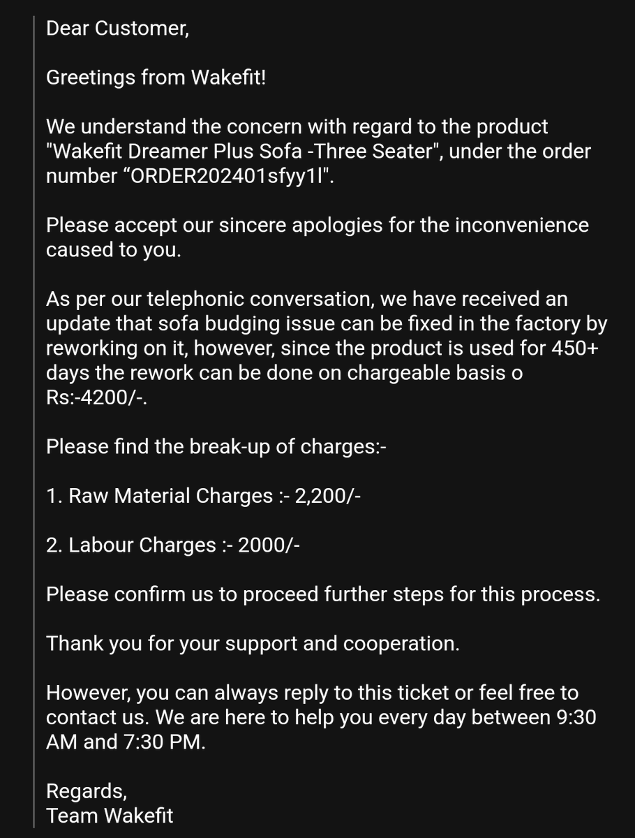 ashishankur's tweet photo. @WakefitCo @SupportWakefit @WakefitCo What kind of resolution is this where instead of solving the issue WITHIN WARRANTY PERIOD, you are explaining SOFA IS USED FOR 450 DAYS! and there is a bulging issue which is not covered; and your warranty card doesn't mention any such TNC. #FIXMYSOFA https://t.co/EvEAHMGYsS