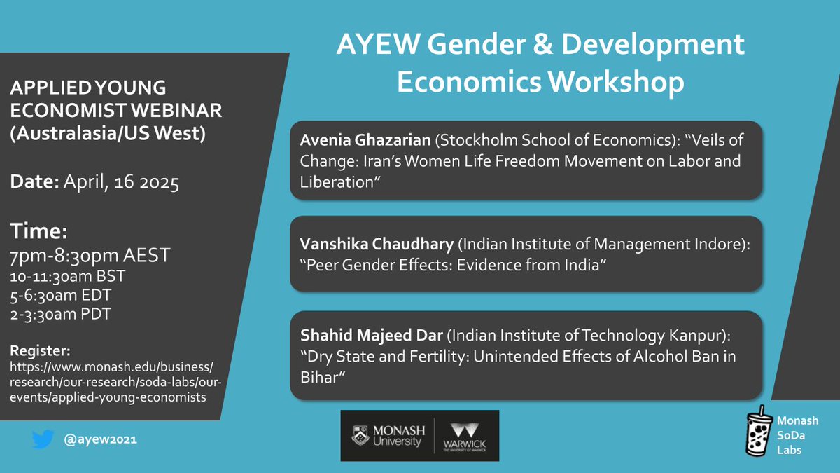 Applied Young Economist Webinar (@ayew2021) on Twitter photo TOMORROW (16 April): AYEW Gender & Development Economics Workshop!
Join us at 7PM AEST to listen to <a href="/AveniaGhazarian/">Avenia Ghazarian</a>(<a href="/handels_sse/">Stockholm School of Economics</a>), Vanshika Chaudhary (<a href="/IIM_I/">IIM Indore</a>) and Shahid Majeed Dar (<a href="/IITKanpur/">IIT Kanpur</a>)
Sign up for Zoom details: monash.edu/business/impac… TOMORROW (16 April): AYEW Gender & Development Economics Workshop!
Join us at 7PM AEST to listen to <a href="/AveniaGhazarian/">Avenia Ghazarian</a>(<a href="/handels_sse/">Stockholm School of Economics</a>), Vanshika Chaudhary (<a href="/IIM_I/">IIM Indore</a>) and Shahid Majeed Dar (<a href="/IITKanpur/">IIT Kanpur</a>)
Sign up for Zoom details: monash.edu/business/impac…
